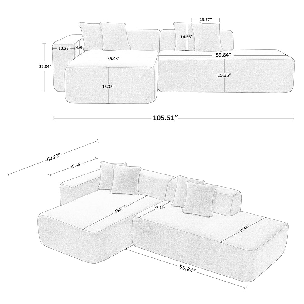 Modern Plush Modular Corner Sectional Sofa –  Compression Couch for Living Room Dimensions: 268 x 153 x 56 cm